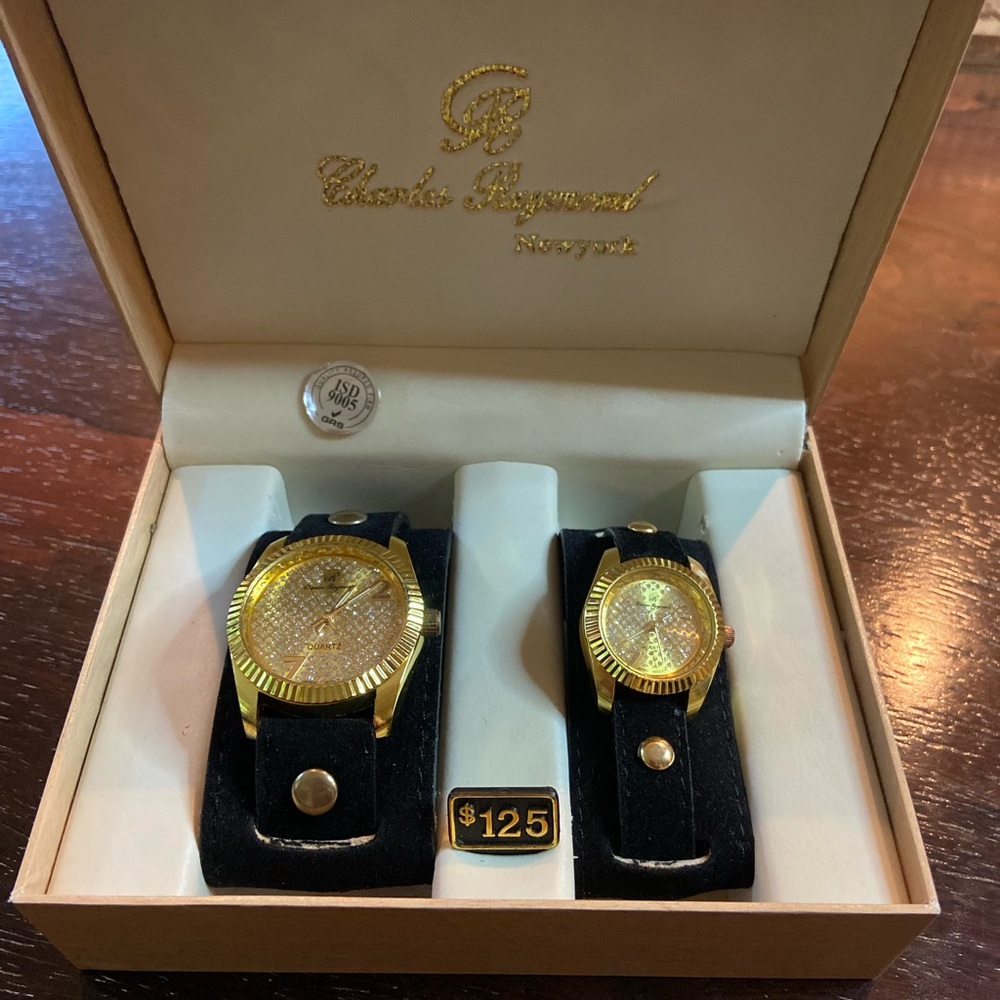Charles Raymond Black Velvet Cuff & Gold Watch Set